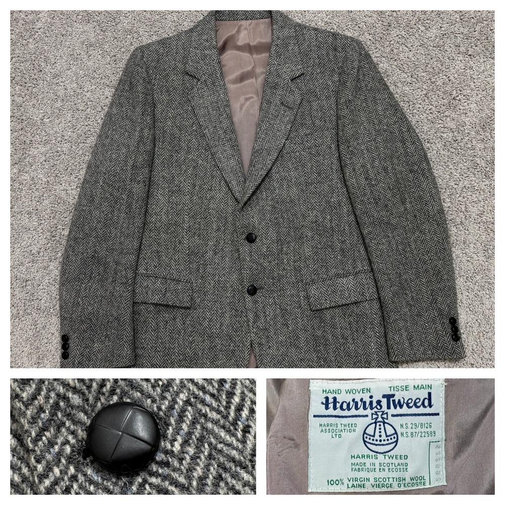 VTG Harris Tweed Blazer Sports Coat Jacket Gray Herringbone Scotland Mens ~44?